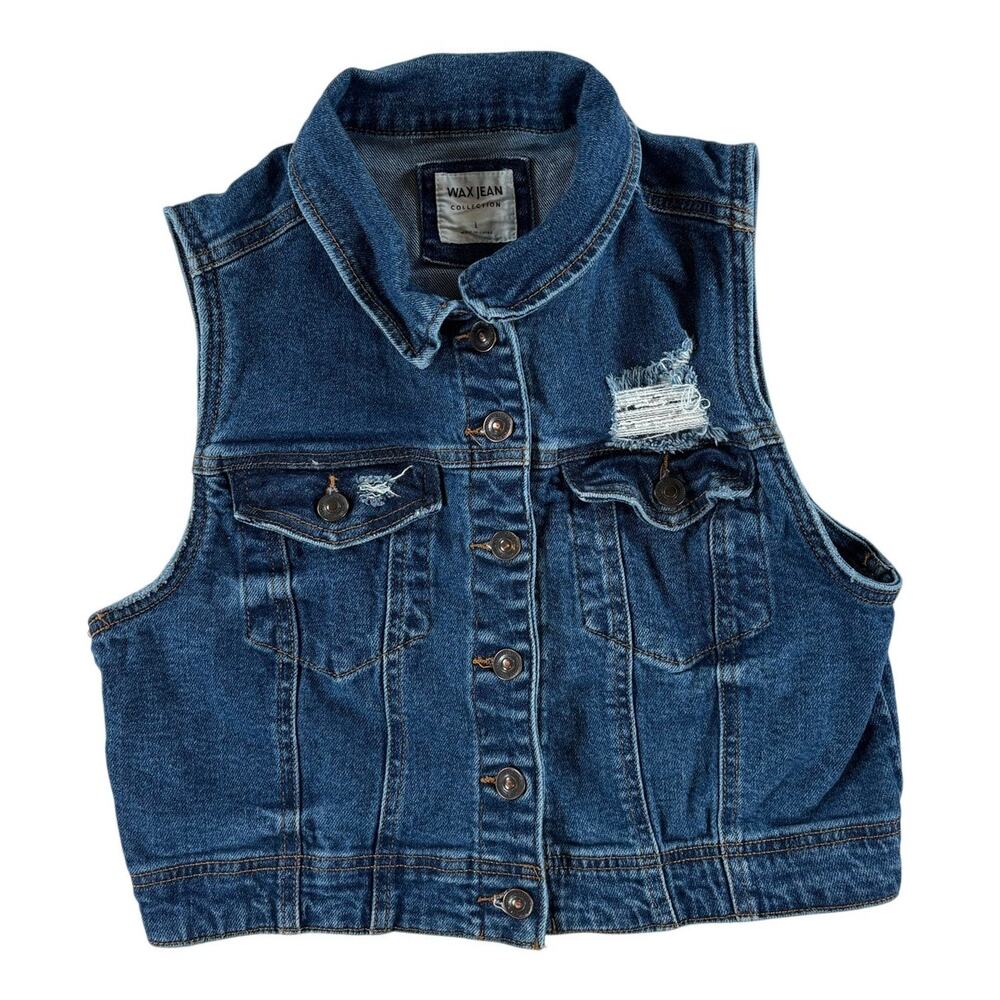 Wax Jean Collection Juniors Sleeveless Distressed Jean Vest - Dark Wash - L